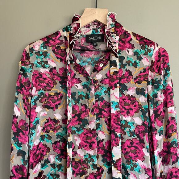 SALONI Emile Floral‎ Print Button Front Silk Top In Blossom Cloudy Rose Size 0 - Picture 6 of 16